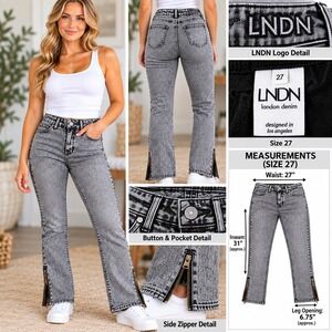 LNDN Landon Denim Grey Acid Wash Flare Jeans Side Zipper Detail Size 27 New